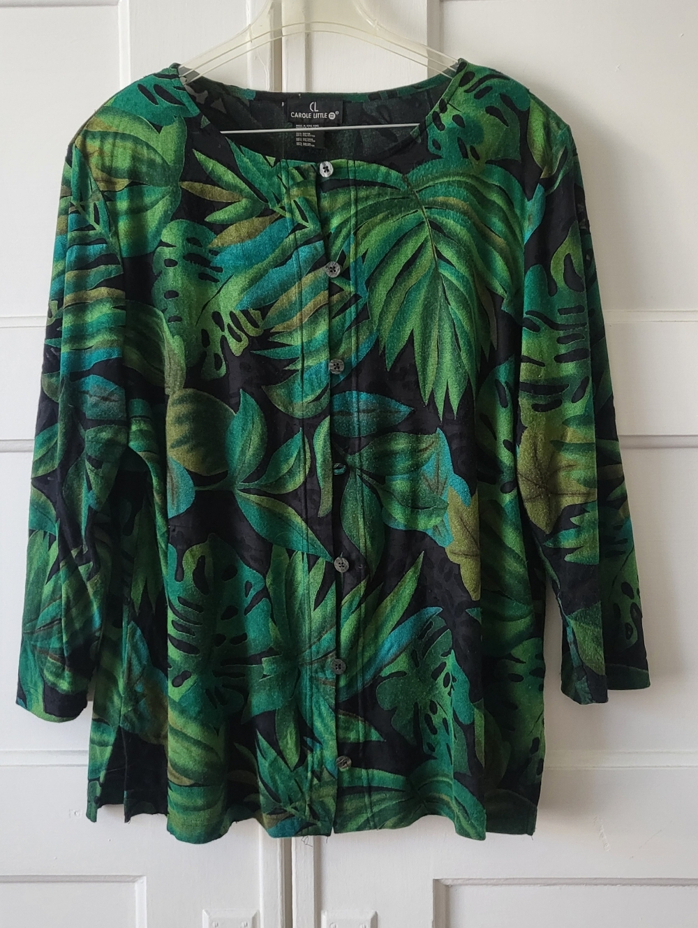Vintage Carole Little Tropical Leaf Burnout Shirt Plus Size 1X*Missing Button*